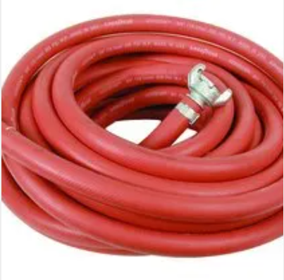 Red construction-grade hose rented